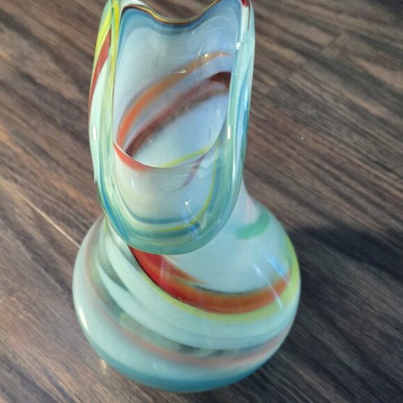 MURANO Italian Hand-Blown Colorful Swirl Vase w/ Crescent Rim - Picture 3 of 10